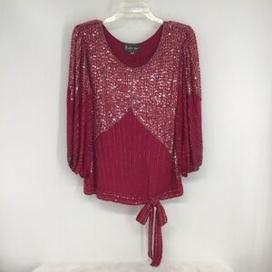 Vintage Sister Max Sequined Beaded 100% Silk Long Sleeve Top Red Size Medium